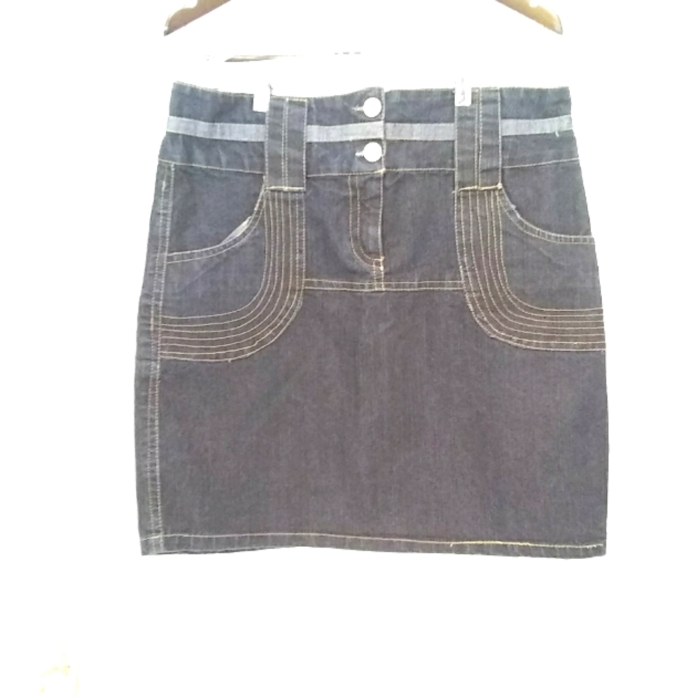 WHAT'S Hot Skirt Stretch Midi Blue Jean Denim Size 14 Embroidery Embellishment